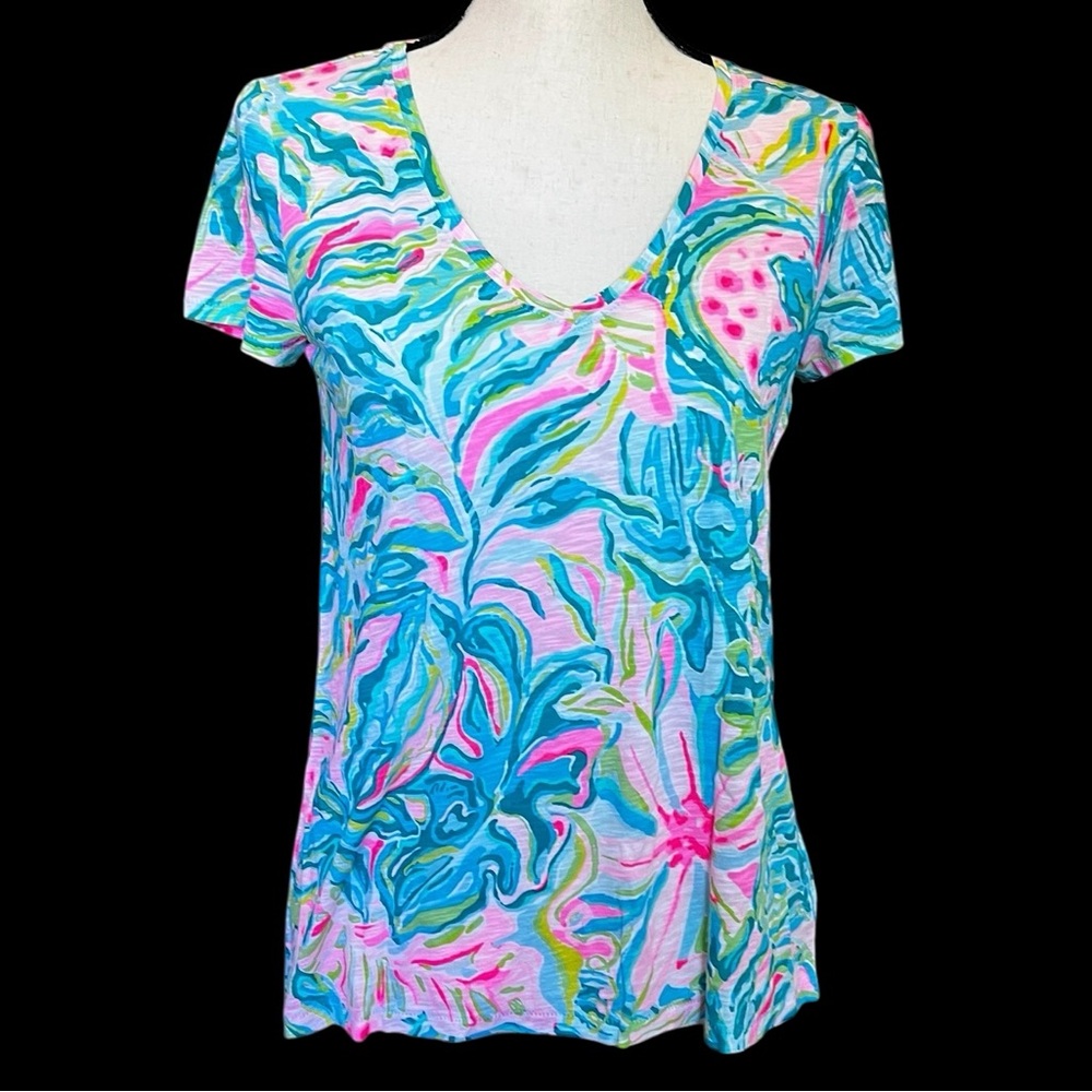 Lilly Pulitzer Etta V-Neck Tee Floral Print Hi Lo Short Sleeve